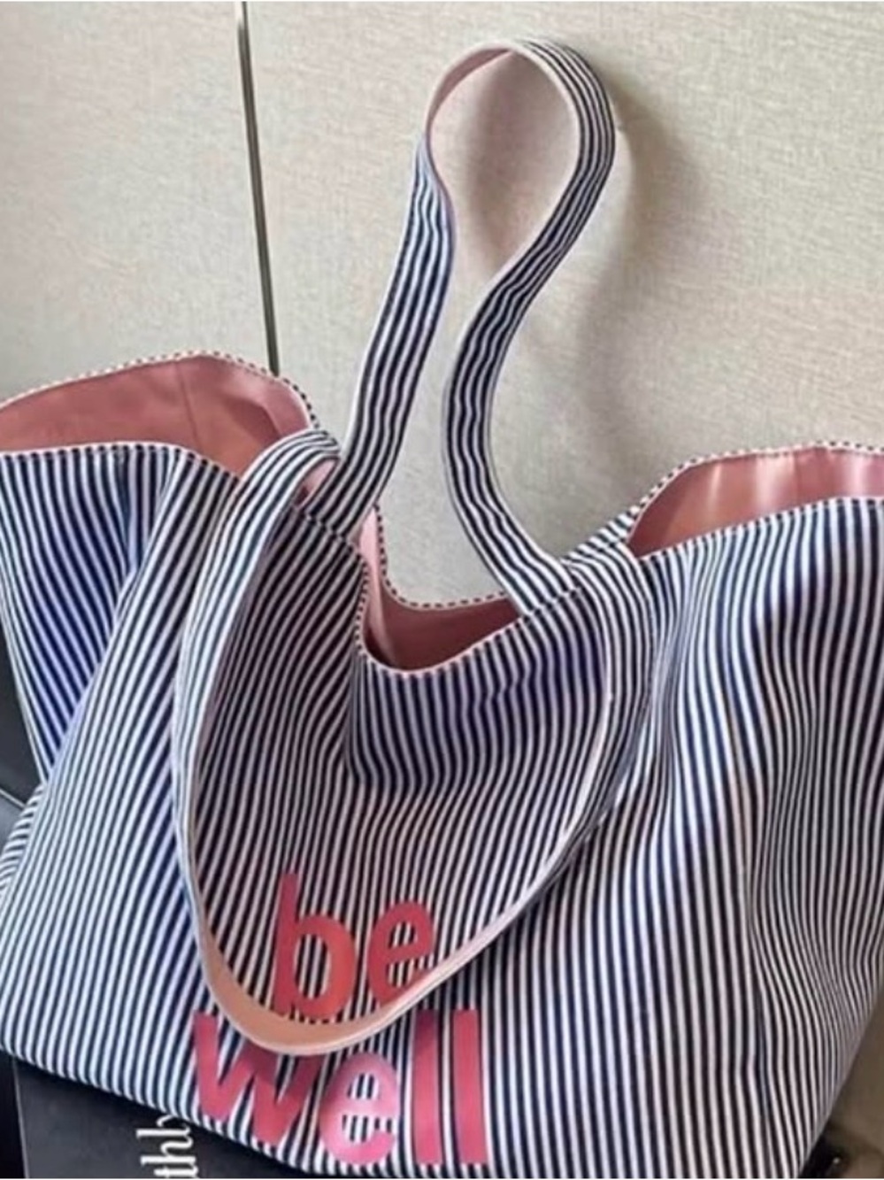Striped Navy & Pink Tote Bag with 'be well' Print